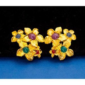 Vintage Vibrant Colorful Flower Clip On Earrings By Avon - D39